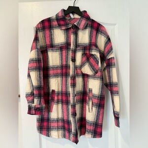 NWOT - Zenana - Oversized Pink/Navy/Cream Plaid Shacket - Size Small